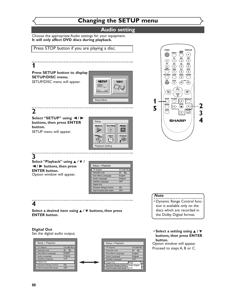 Changing the setup menu, Audio setting, Press stop button if you are playing a disc | Sharp DV-SR45U User Manual | Page 88 / 102