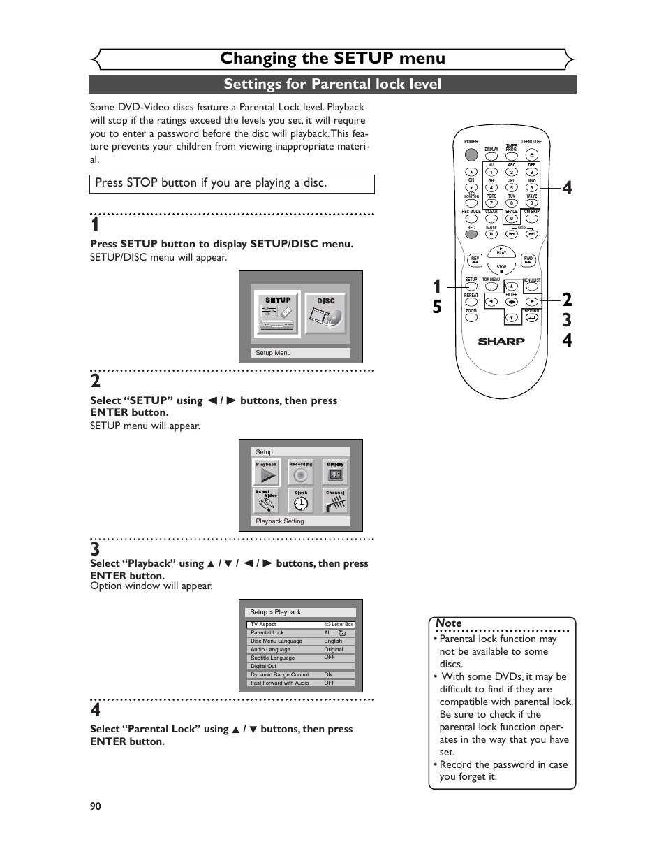 Changing the setup menu, Settings for parental lock level, Press stop button if you are playing a disc | Sharp DV-SR45U User Manual | Page 90 / 102