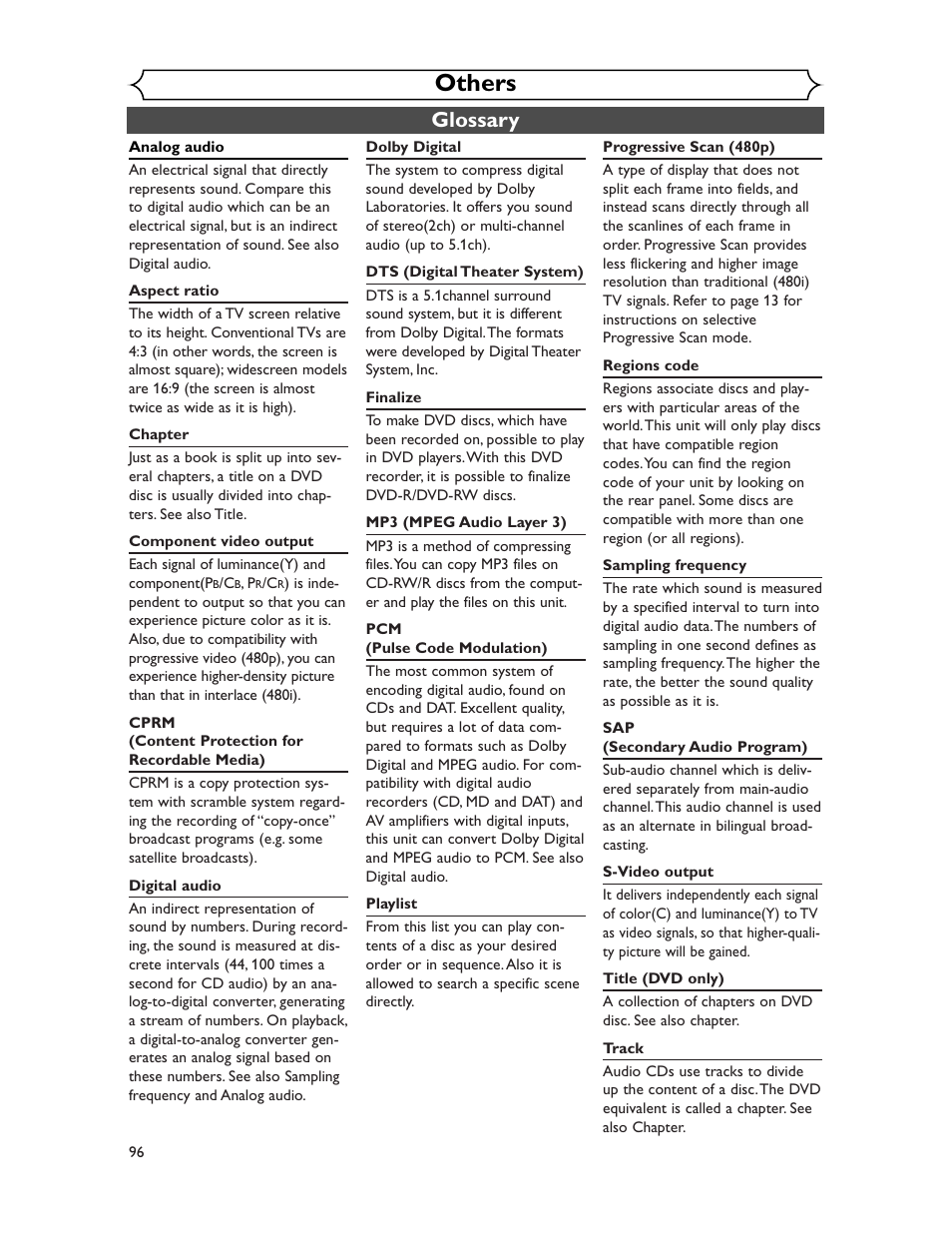 Others, Glossary | Sharp DV-SR45U User Manual | Page 96 / 102