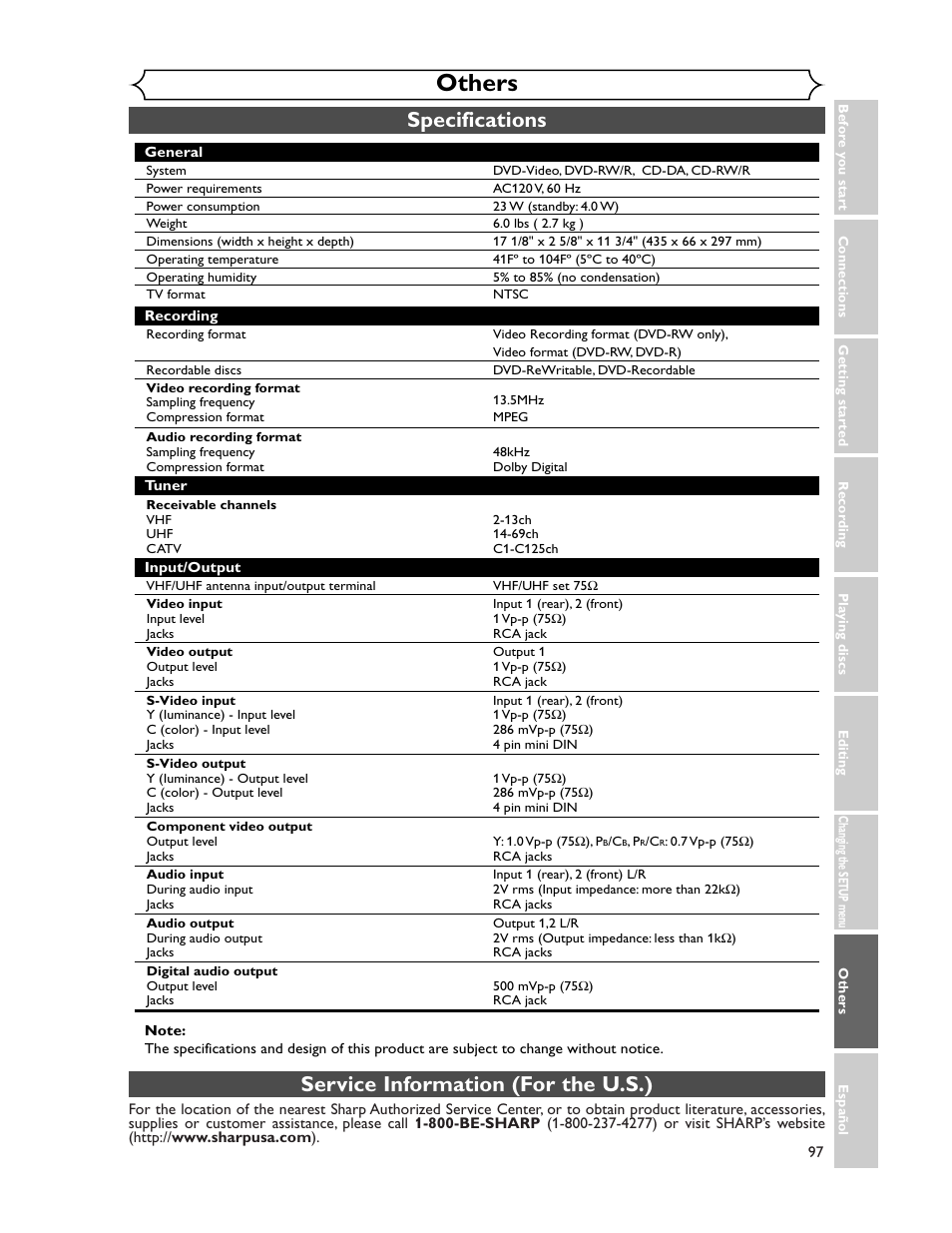 Others, Specifications, Service information (for the u.s.) | Sharp DV-SR45U User Manual | Page 97 / 102