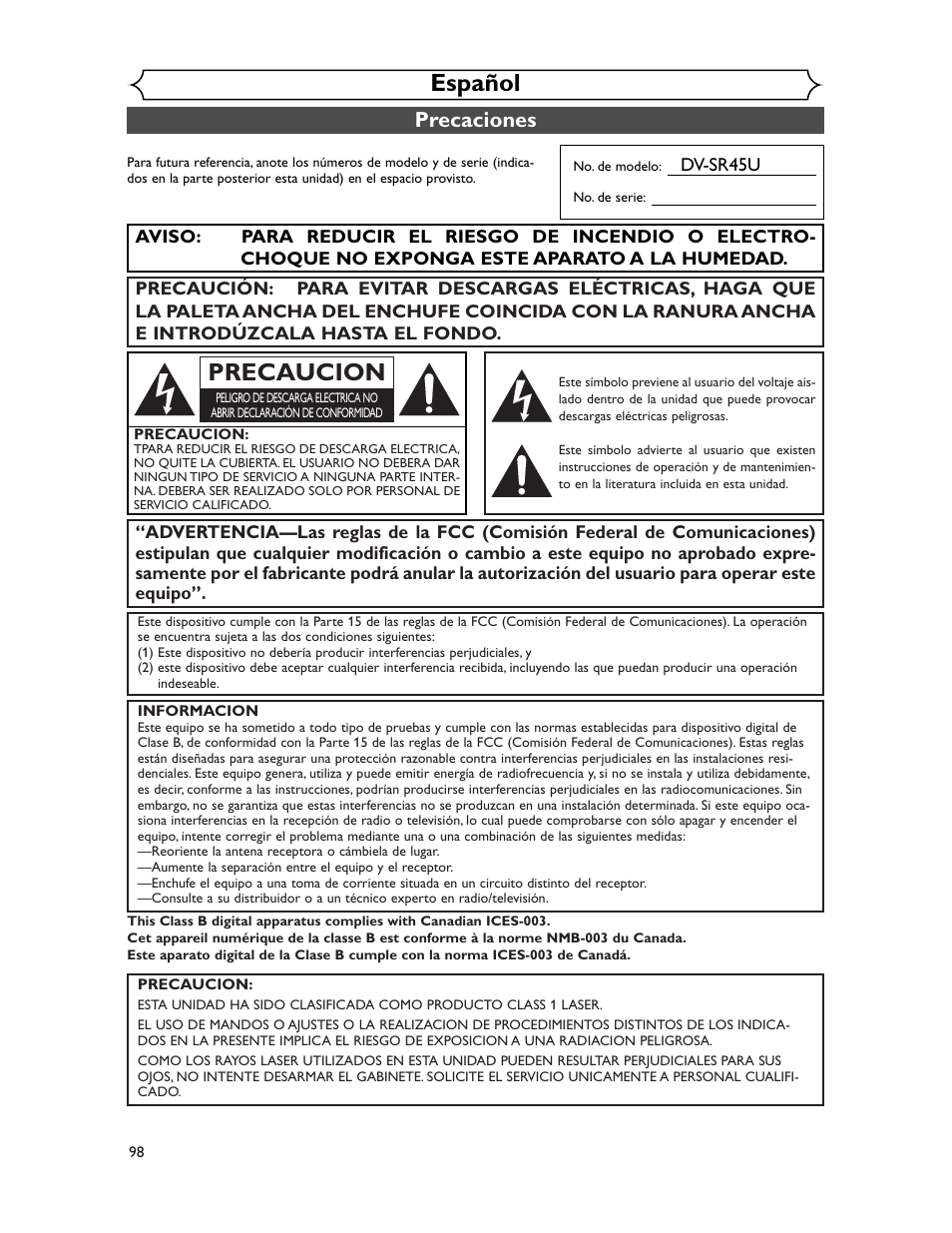 Español, Precaucion, Precaciones | Sharp DV-SR45U User Manual | Page 98 / 102