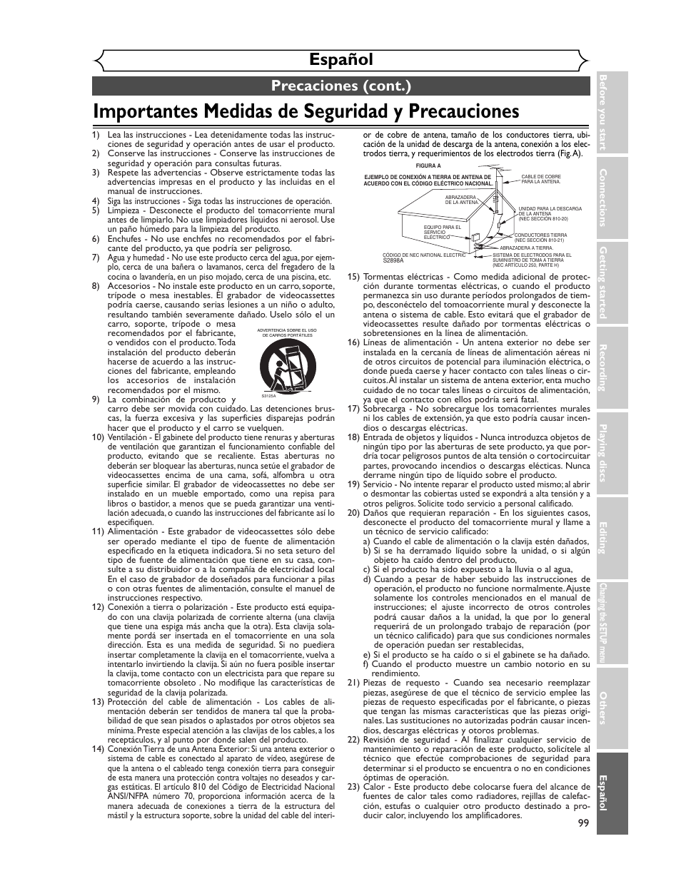 Importantes medidas de seguridad y precauciones, Español, Precaciones (cont.) | Sharp DV-SR45U User Manual | Page 99 / 102