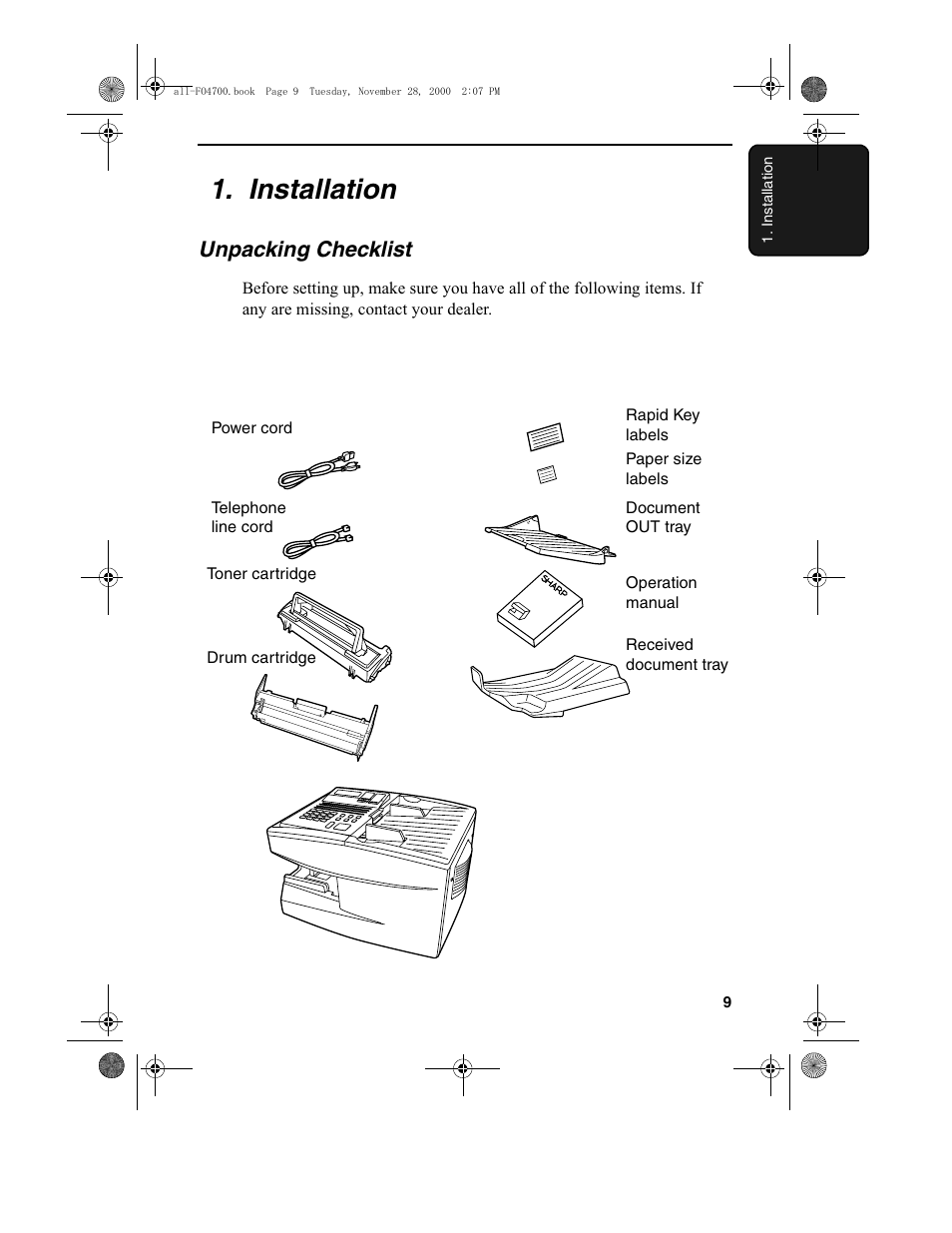 Installation, Unpacking checklist | Sharp FO-4650 User Manual | Page 11 / 188