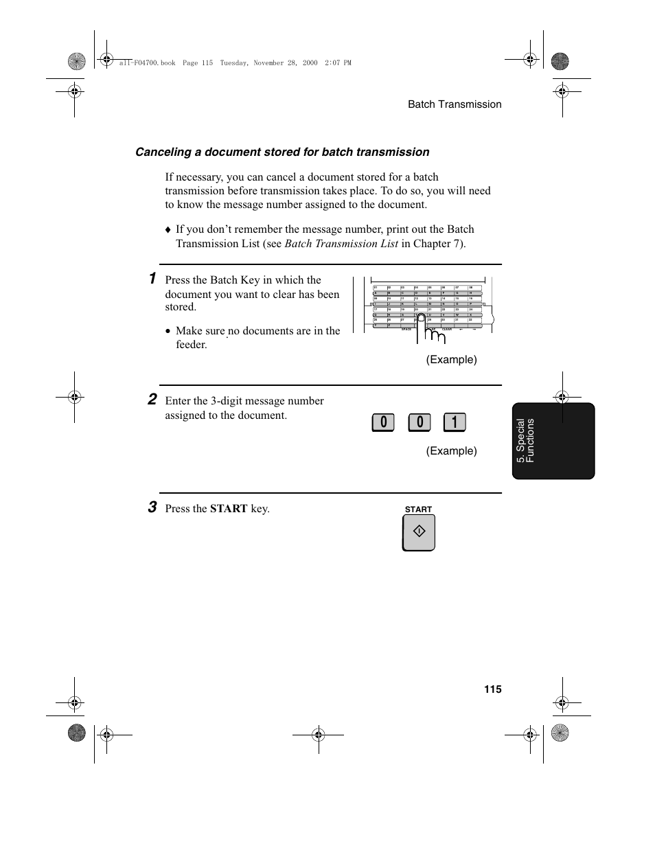 Press the start key, Example), Batch transmission 115 | Spec ial func ti ons | Sharp FO-4650 User Manual | Page 117 / 188