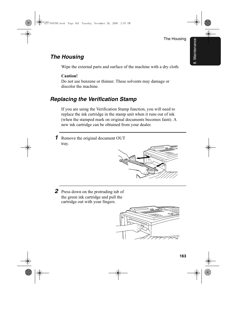 The housing, Replacing the verification stamp | Sharp FO-4650 User Manual | Page 165 / 188