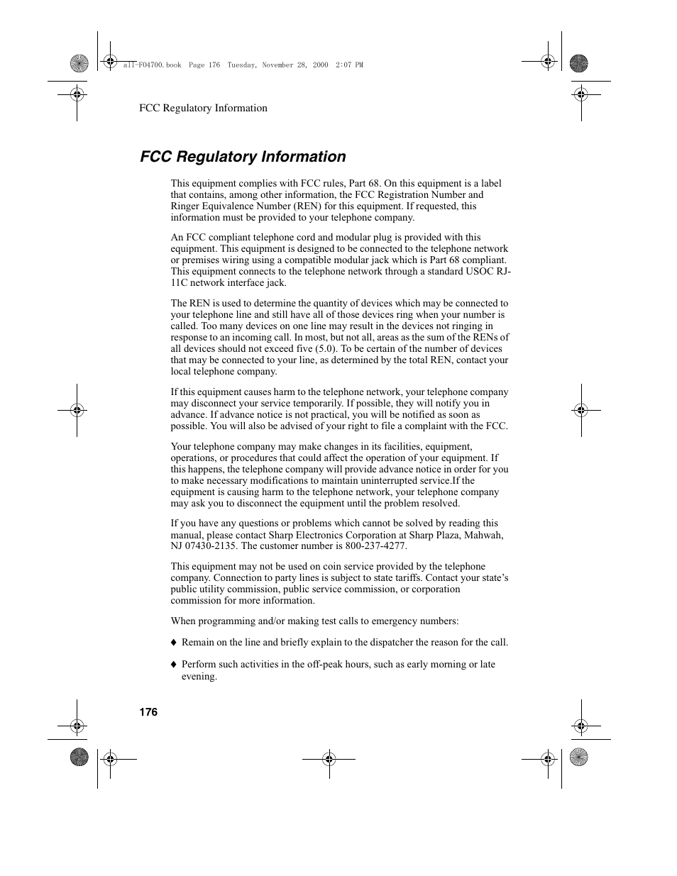 Fcc regulatory information | Sharp FO-4650 User Manual | Page 178 / 188