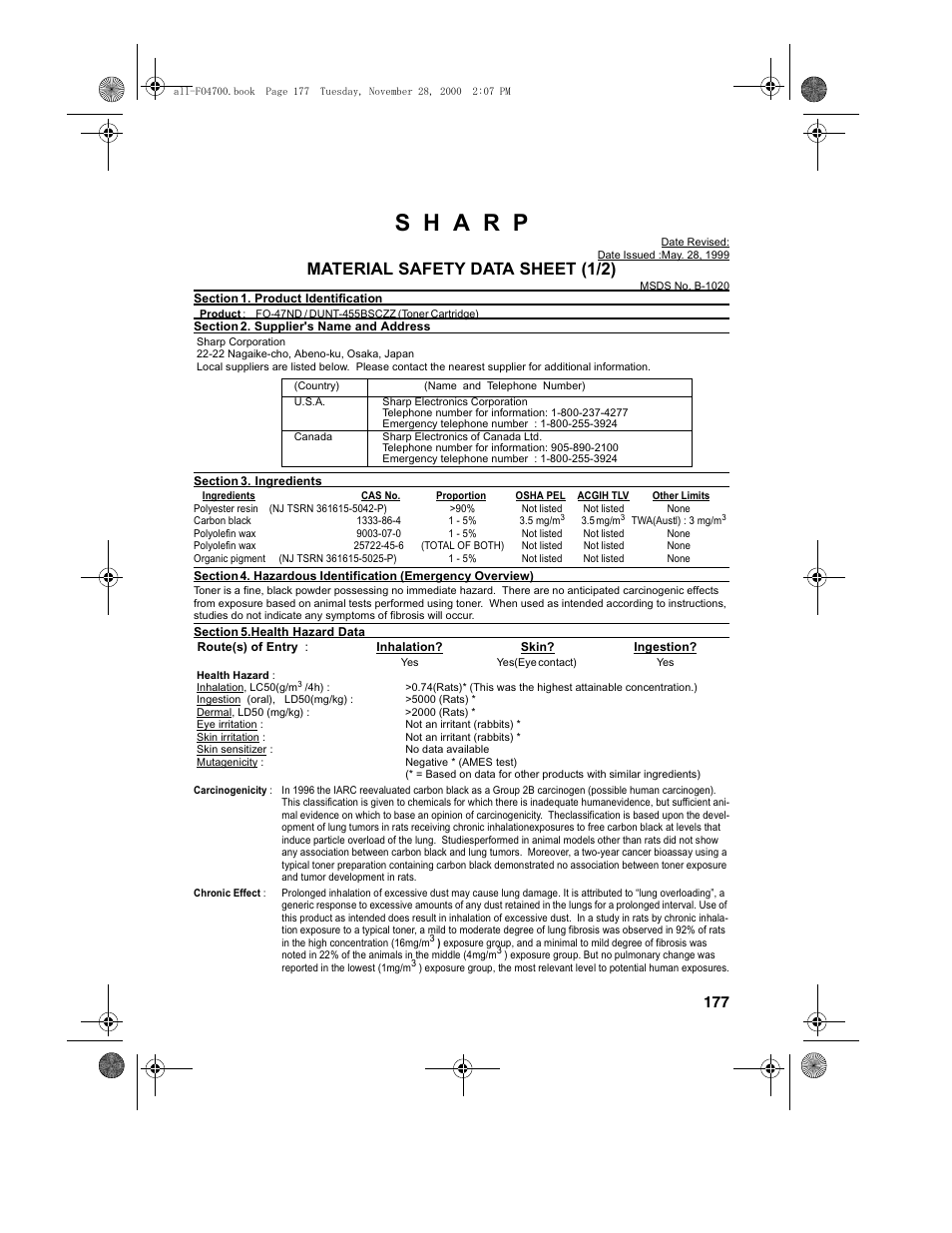 Material safety data sheet (1/2) | Sharp FO-4650 User Manual | Page 179 / 188