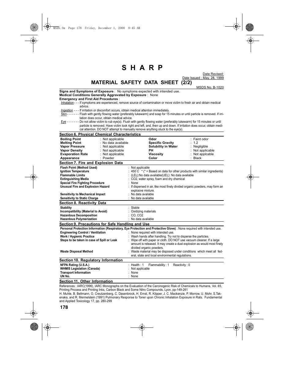 Material safety data sheet (2/2) | Sharp FO-4650 User Manual | Page 180 / 188