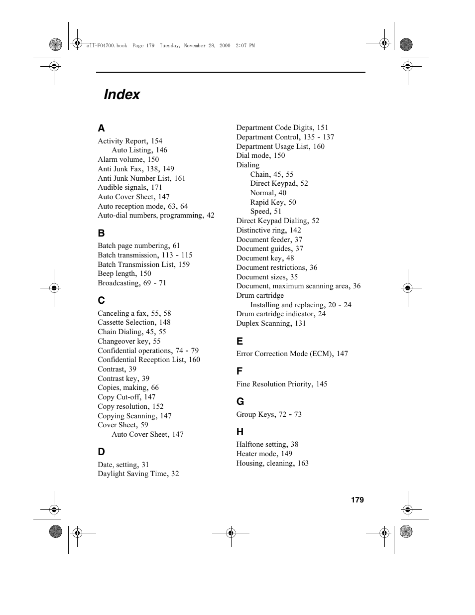 Index | Sharp FO-4650 User Manual | Page 181 / 188