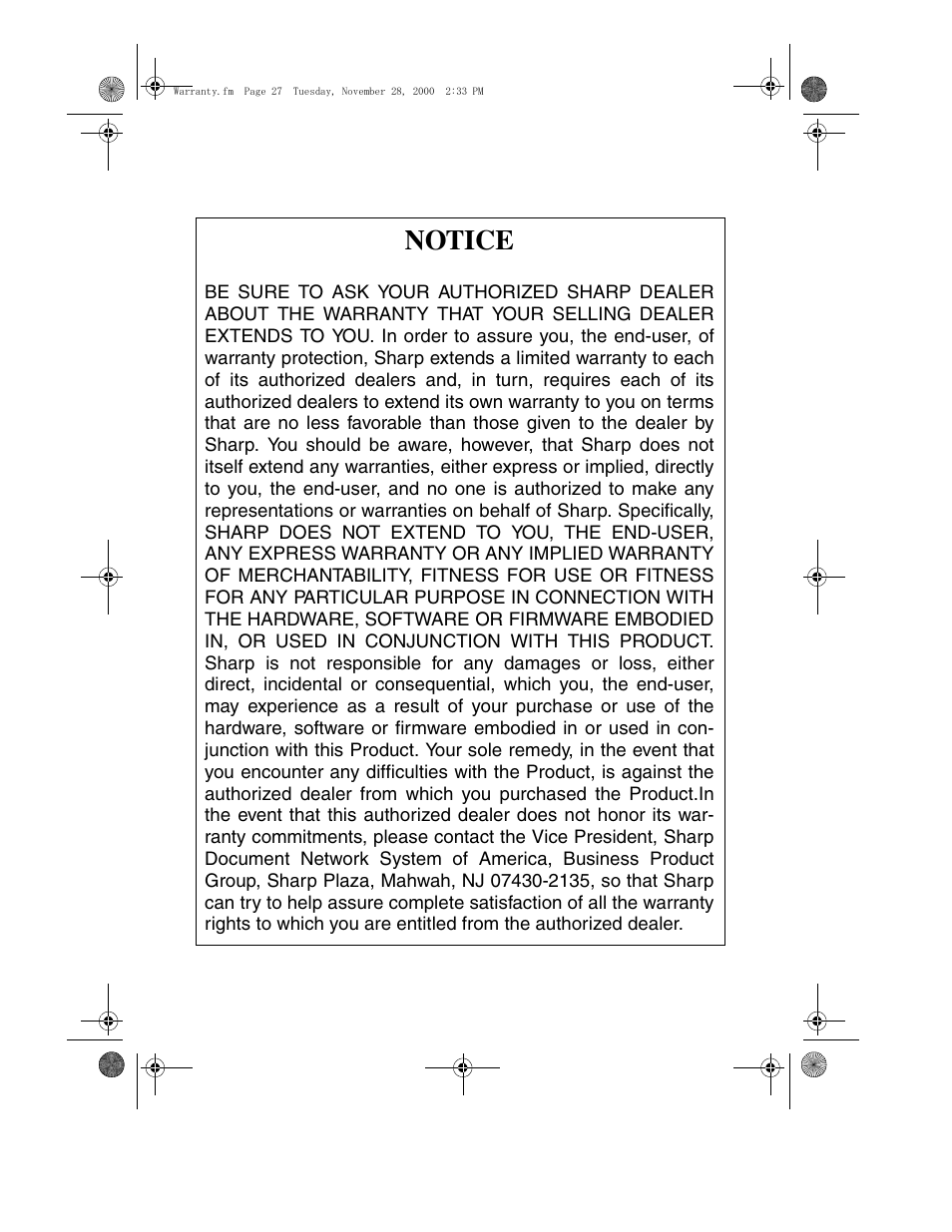 Notice | Sharp FO-4650 User Manual | Page 187 / 188