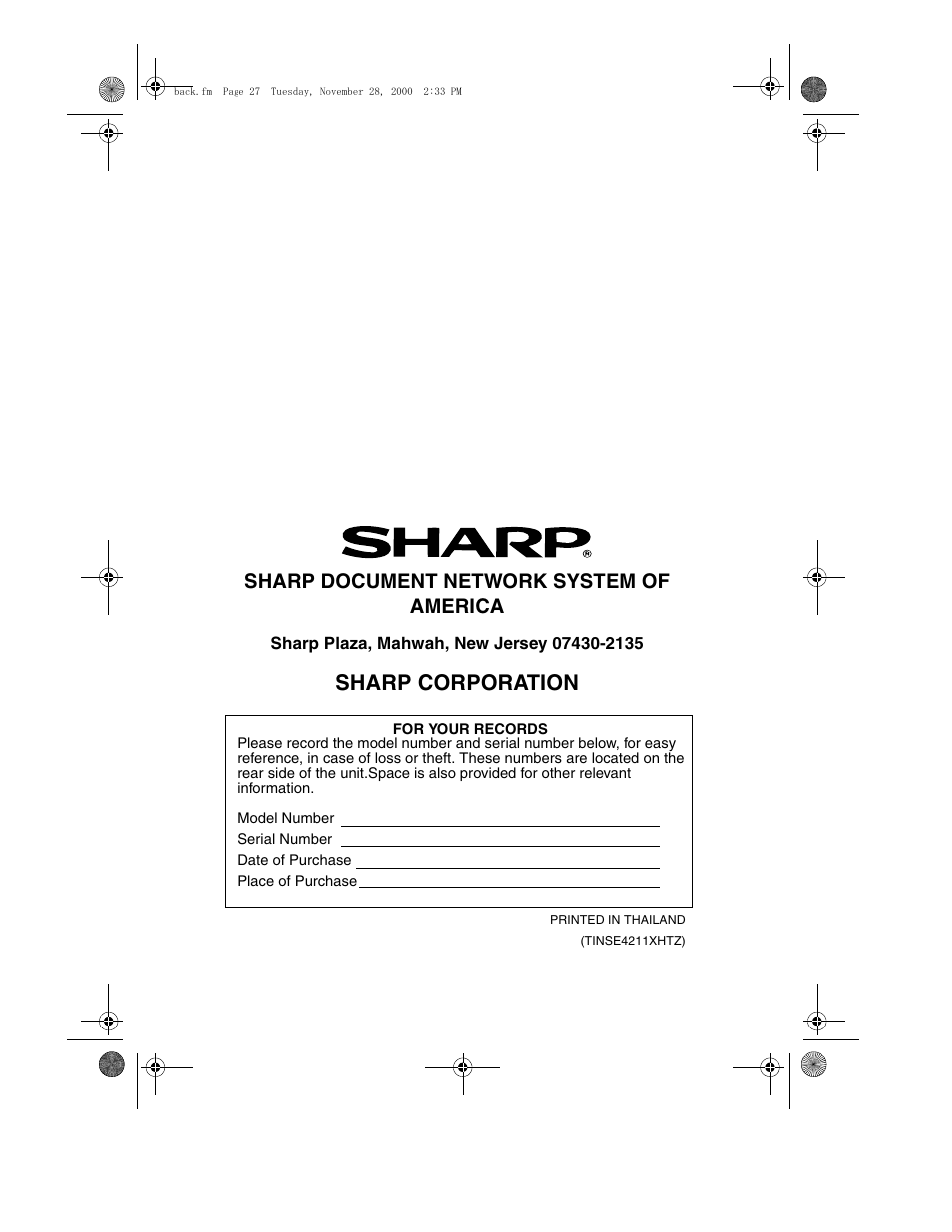 Sharp corporation, Sharp document network system of america | Sharp FO-4650 User Manual | Page 188 / 188