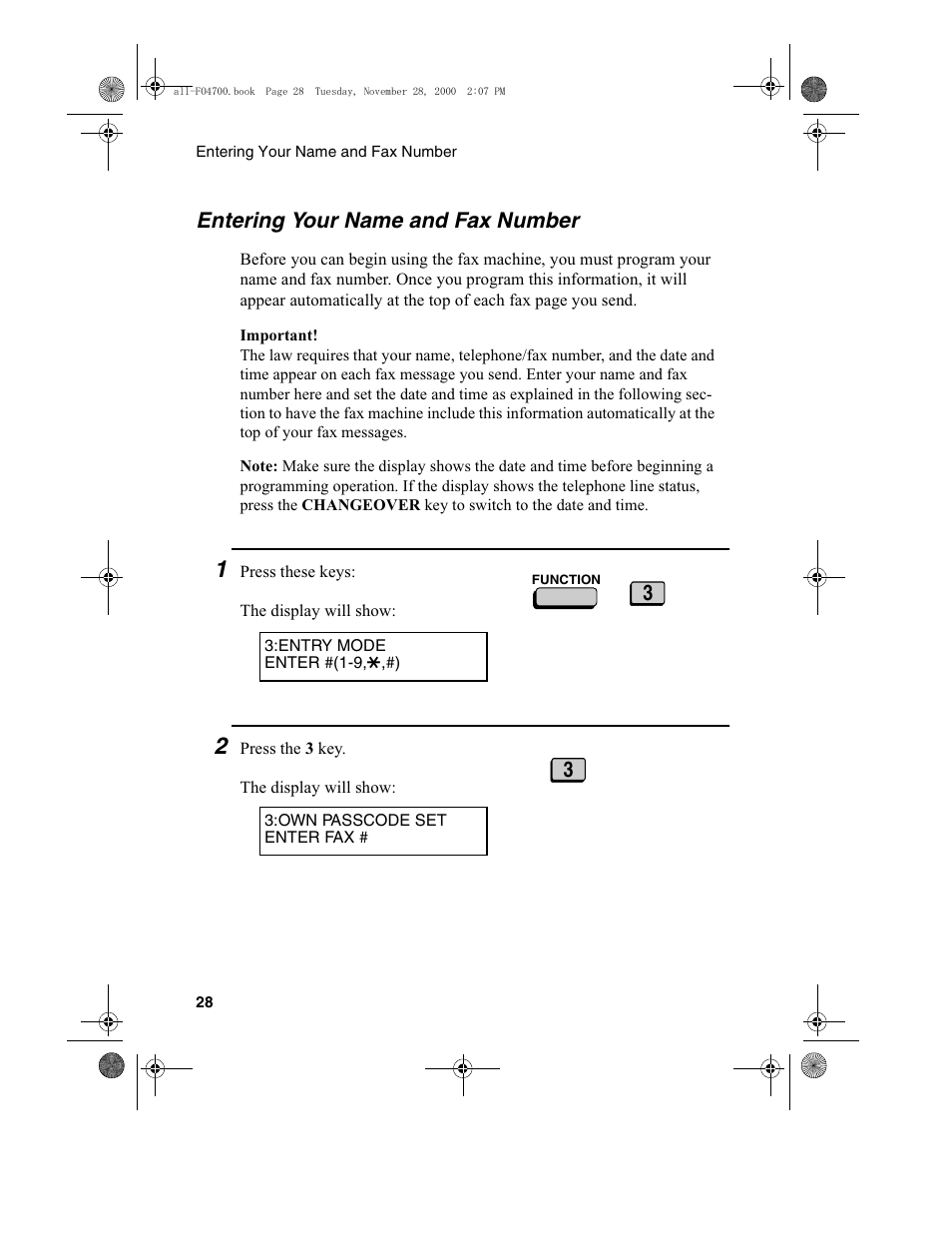 Entering your name and fax number | Sharp FO-4650 User Manual | Page 30 / 188