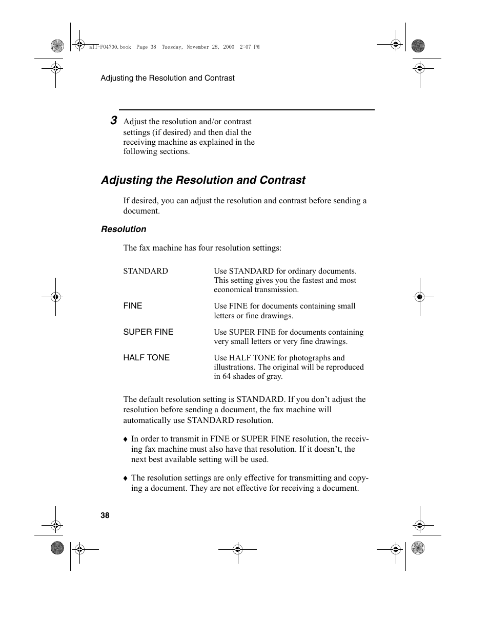 Adjusting the resolution and contrast | Sharp FO-4650 User Manual | Page 40 / 188