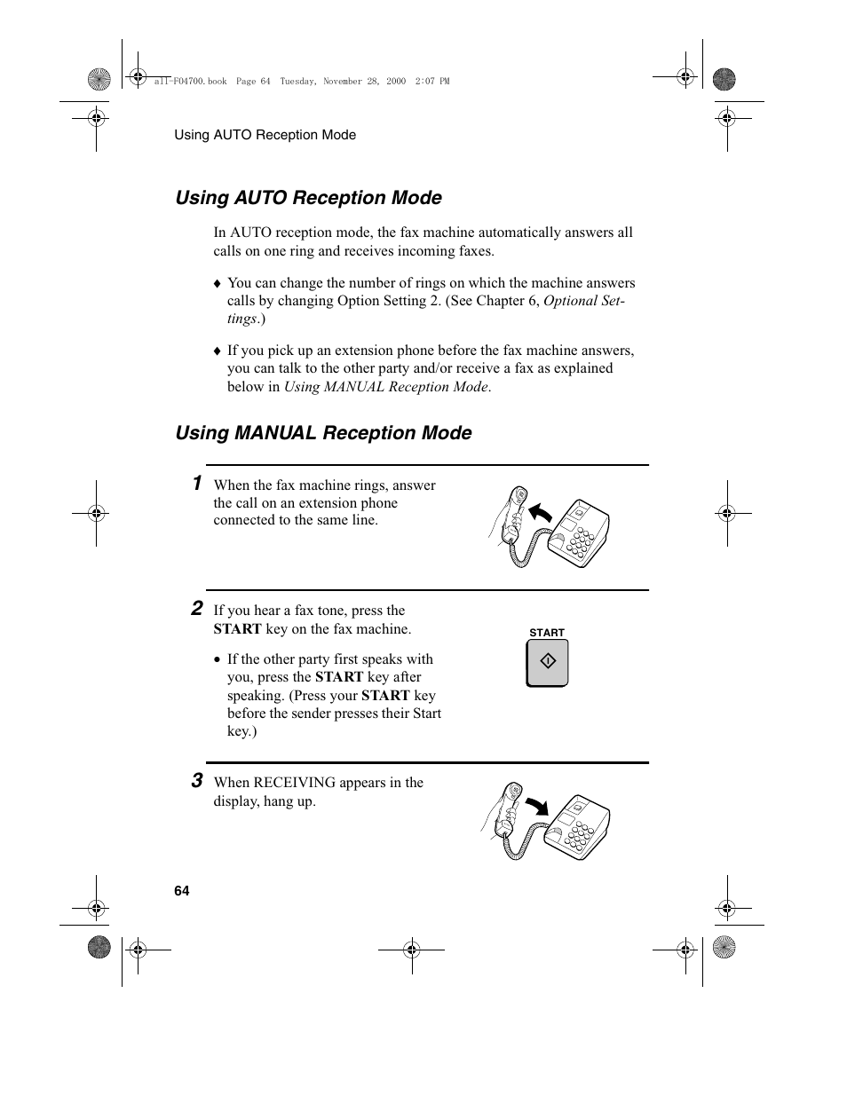 Using manual reception mode, Using auto reception mode | Sharp FO-4650 User Manual | Page 66 / 188