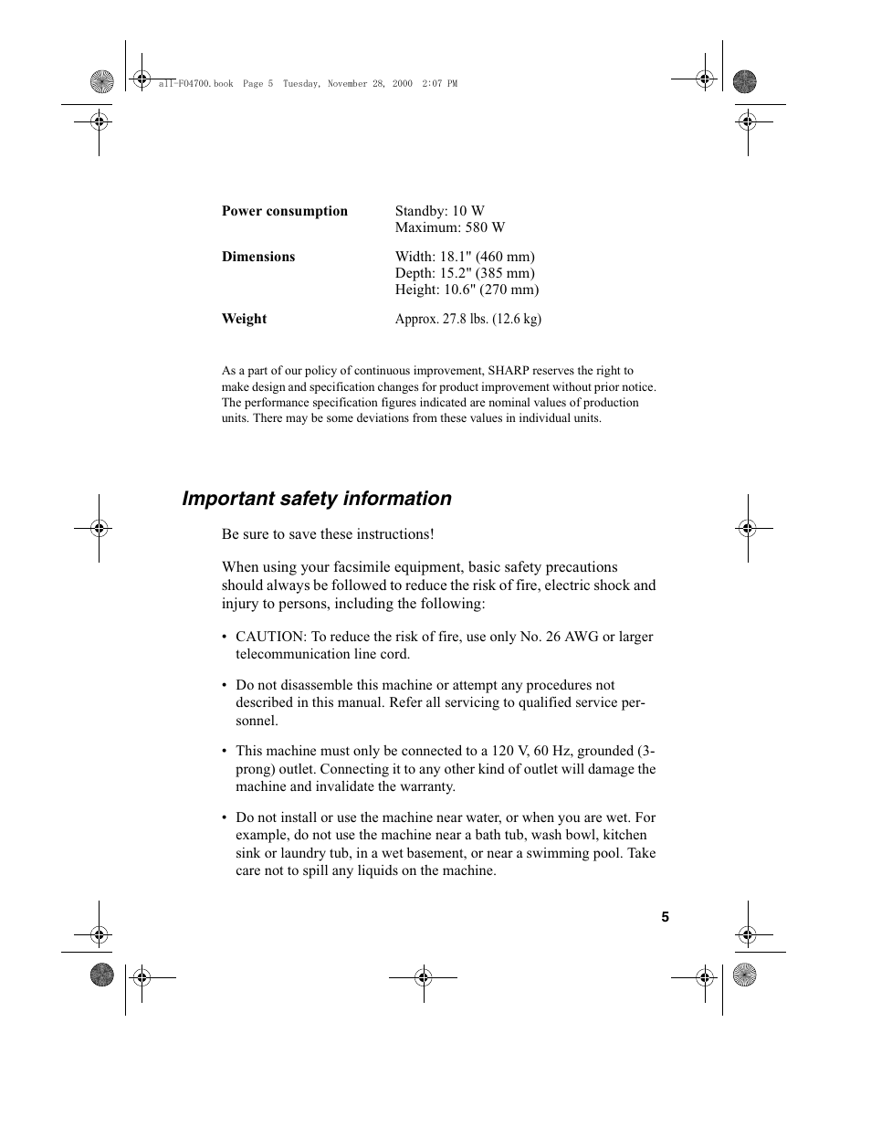 Important safety information | Sharp FO-4650 User Manual | Page 7 / 188