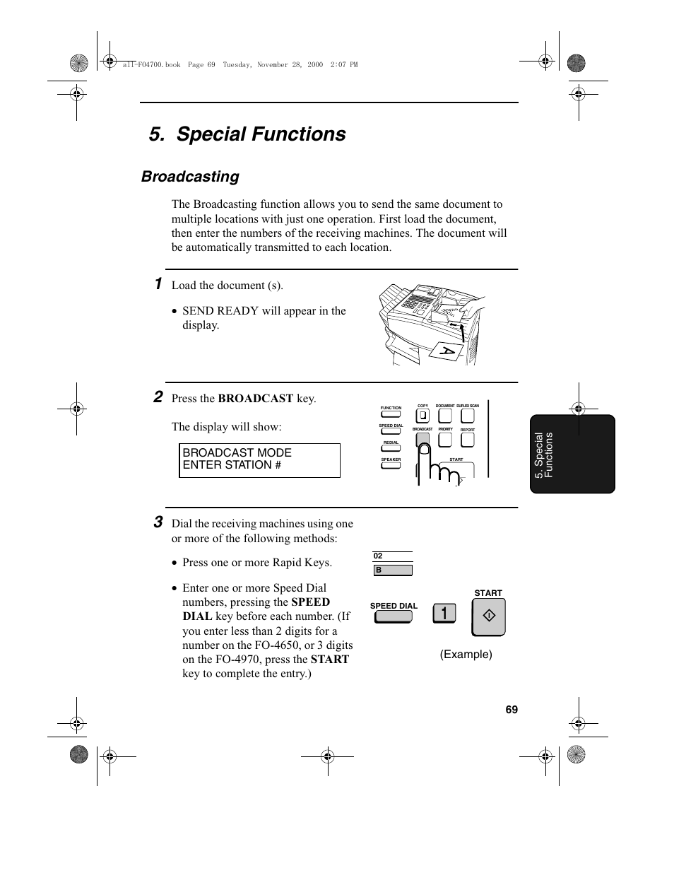 Special functions, Broadcasting, Press the broadcast key. the display will show | Sharp FO-4650 User Manual | Page 71 / 188