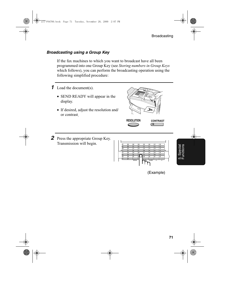 Example), Broadcasting 71, Spec ial func ti ons | Resolution, Contrast | Sharp FO-4650 User Manual | Page 73 / 188