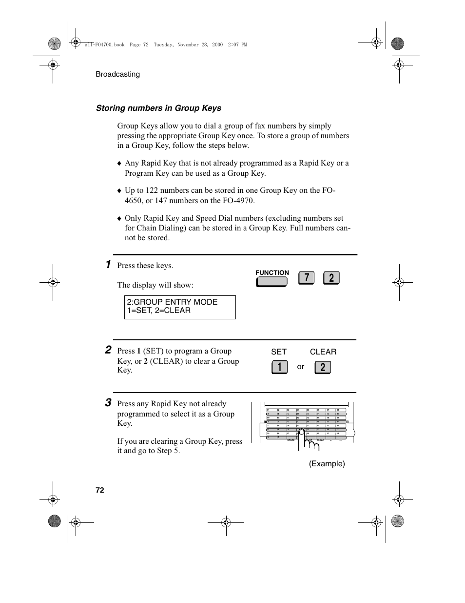 Press these keys. the display will show, Group entry mode 1=set, 2=clear, Or set clear | Example), Broadcasting 72, Function | Sharp FO-4650 User Manual | Page 74 / 188