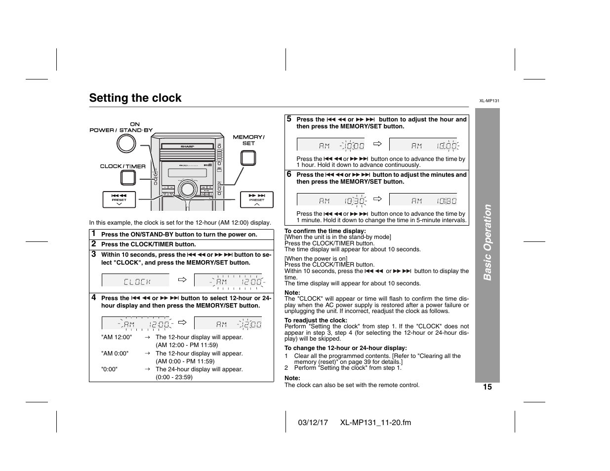 Setting the clock, Basic operation | Sharp XL-MP131 User Manual | Page 15 / 42