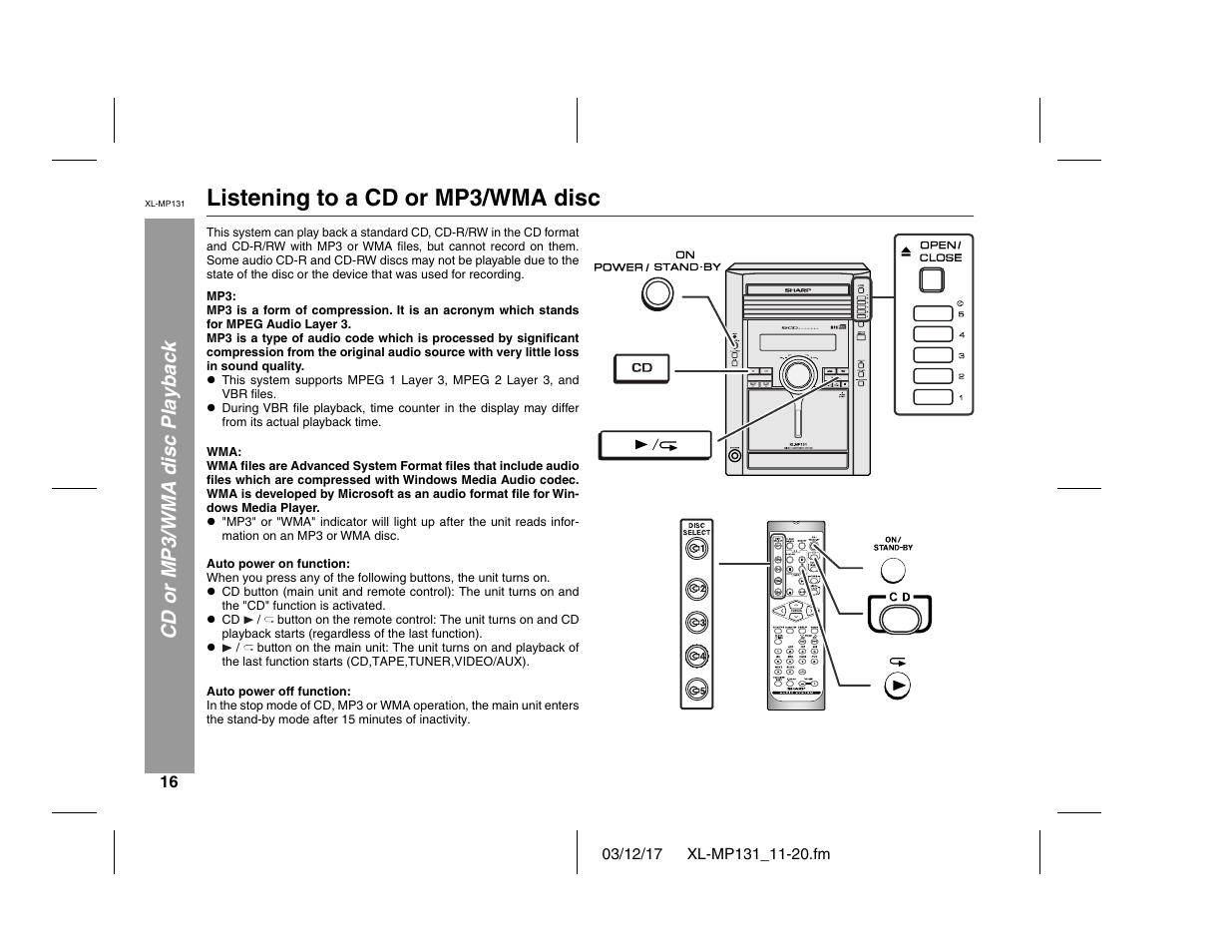 Listening to a cd or mp3/wma disc, Cd or mp3/wma disc playback | Sharp XL-MP131 User Manual | Page 16 / 42