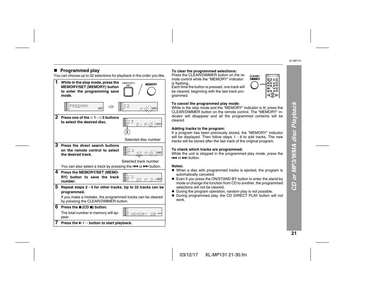 Cd or mp3/wma disc playback | Sharp XL-MP131 User Manual | Page 21 / 42