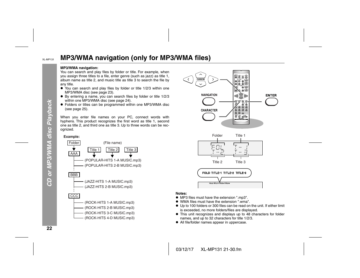 Mp3/wma navigation (only for mp3/wma files), Cd or mp3/wma disc playback | Sharp XL-MP131 User Manual | Page 22 / 42