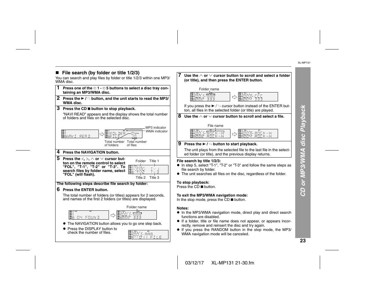 Cd or mp3/wma disc playback | Sharp XL-MP131 User Manual | Page 23 / 42