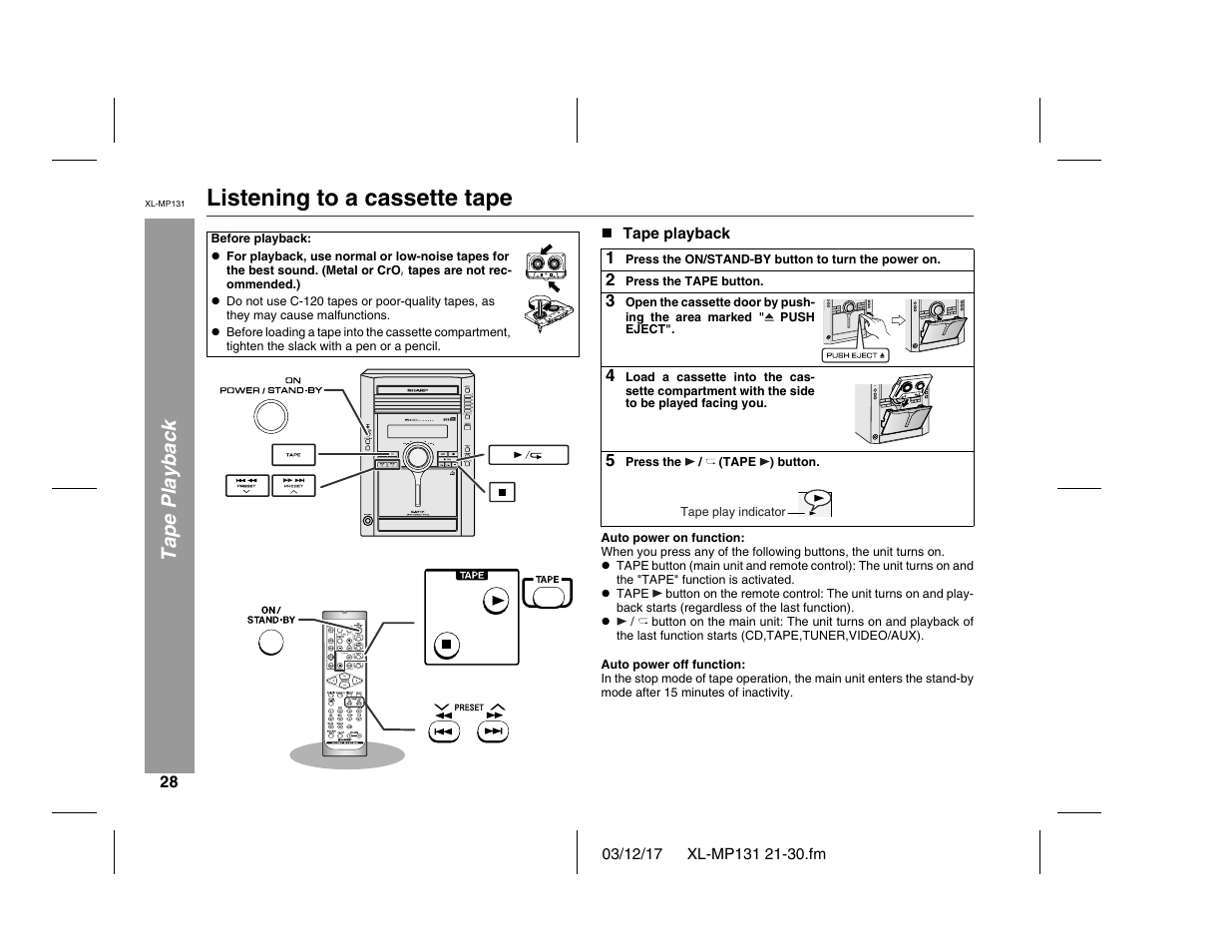 Listening to a cassette tape, Tape playback | Sharp XL-MP131 User Manual | Page 28 / 42