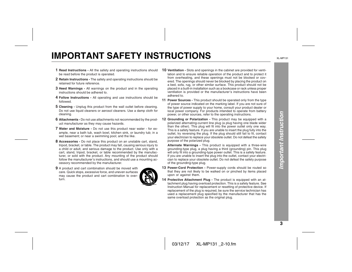 Important safety instructions, Important instruction | Sharp XL-MP131 User Manual | Page 3 / 42