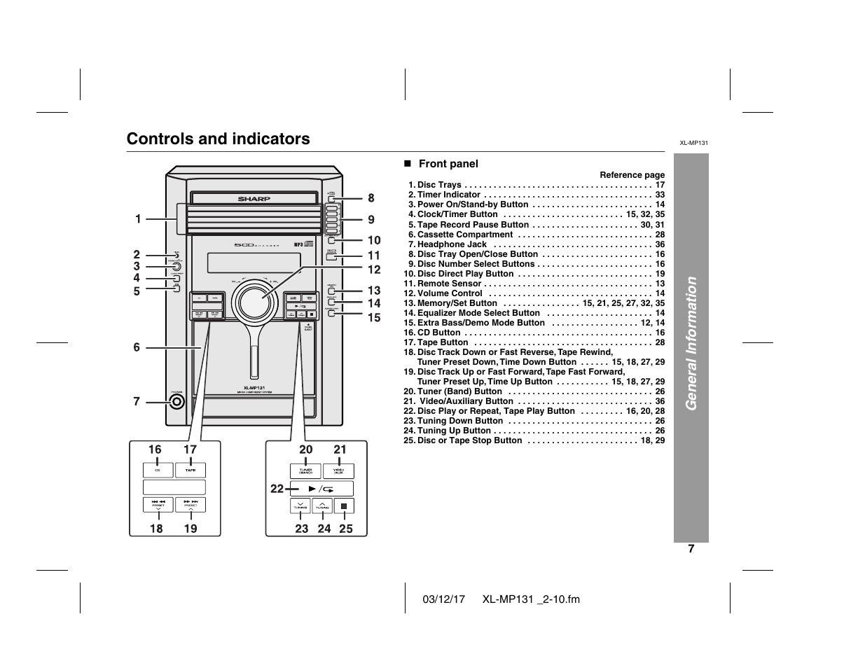 Controls and indicators, General information | Sharp XL-MP131 User Manual | Page 7 / 42