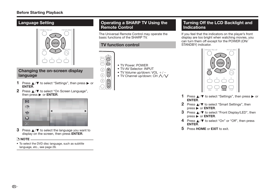 Operating a sharp tv using the remote control, Tv function control, Turning off the lcd backlight and indications | Sharp BD-HP35U User Manual | Page 24 / 74