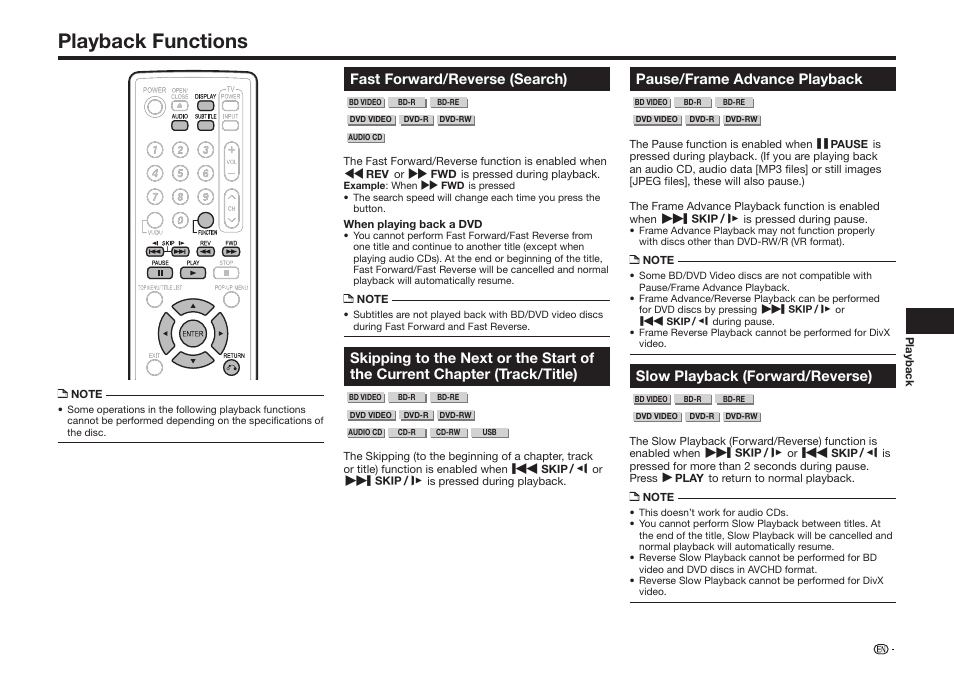 Playback functions, Fast forward/reverse (search), Pause/frame advance playback | Slow playback (forward/reverse) | Sharp BD-HP35U User Manual | Page 37 / 74