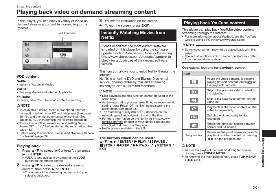 Playing back video on demand streaming content | Sharp BD-HP35U User Manual | Page 57 / 74