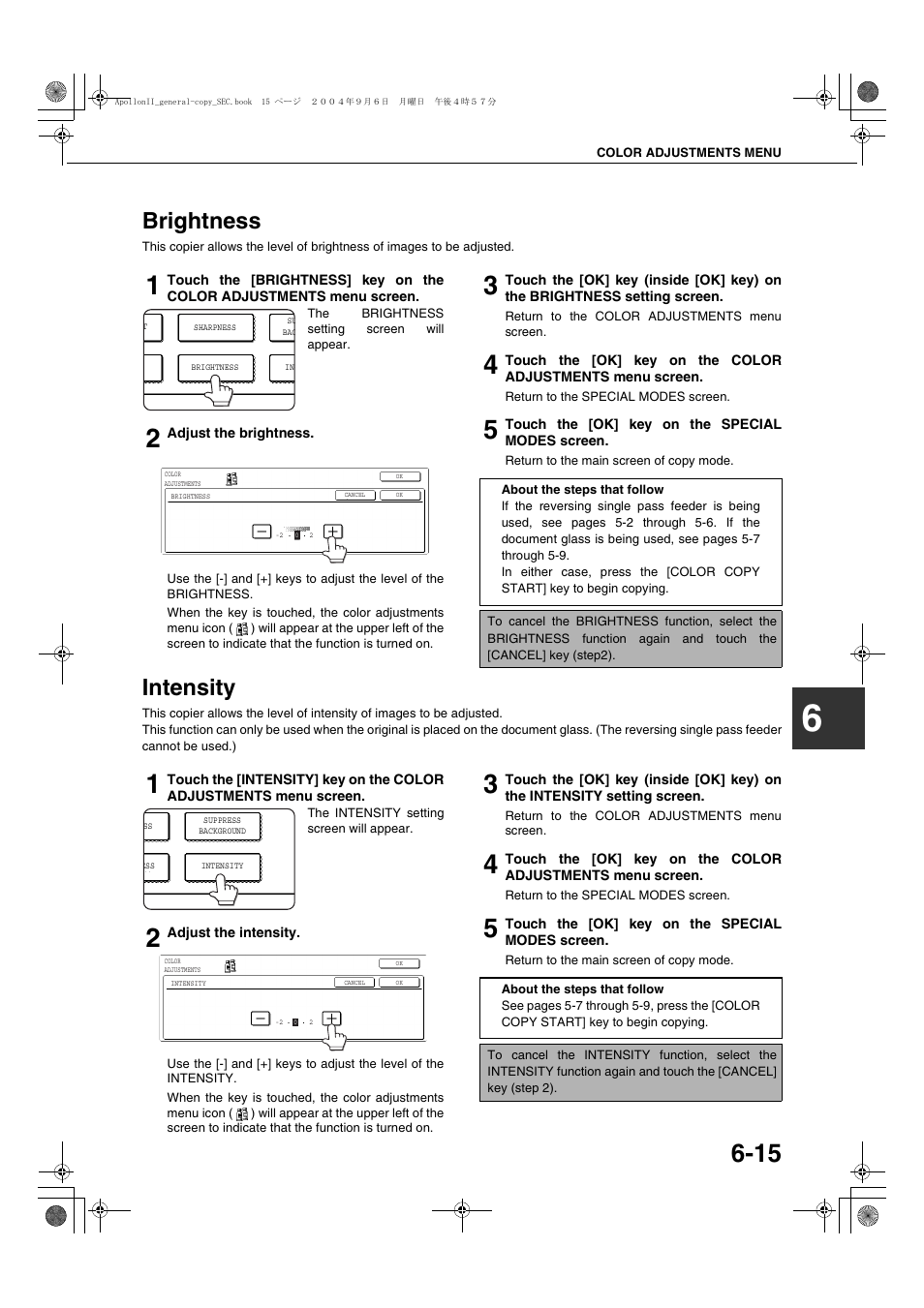 Brightness, Intensity, Brightness -15 | Intensity -15, E 6-15) | Sharp AR-BC260 User Manual | Page 111 / 140