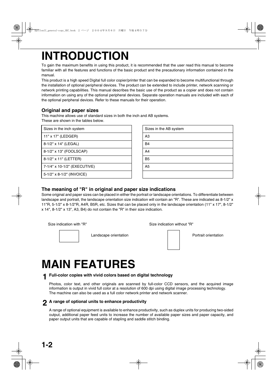 Introduction, Original and paper sizes, Main features | Introduction -2, Main features -2 | Sharp AR-BC260 User Manual | Page 12 / 140