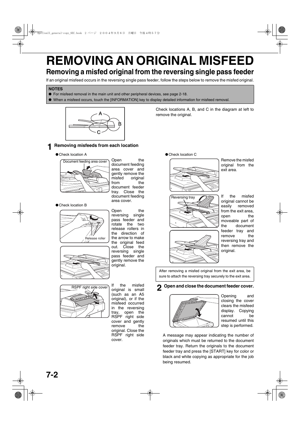 Removing an original misfeed, Removing an original misfeed -2, Pass feeder | E 7-2) | Sharp AR-BC260 User Manual | Page 126 / 140