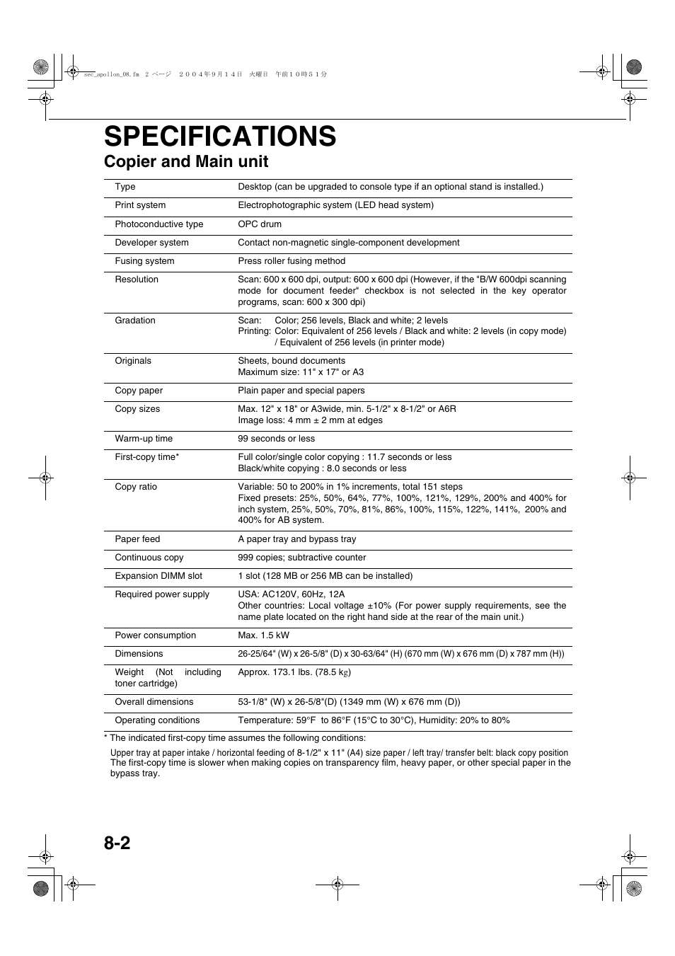 Specifications, Copier and main unit, Specifications -2 | Copier and main unit -2 | Sharp AR-BC260 User Manual | Page 132 / 140