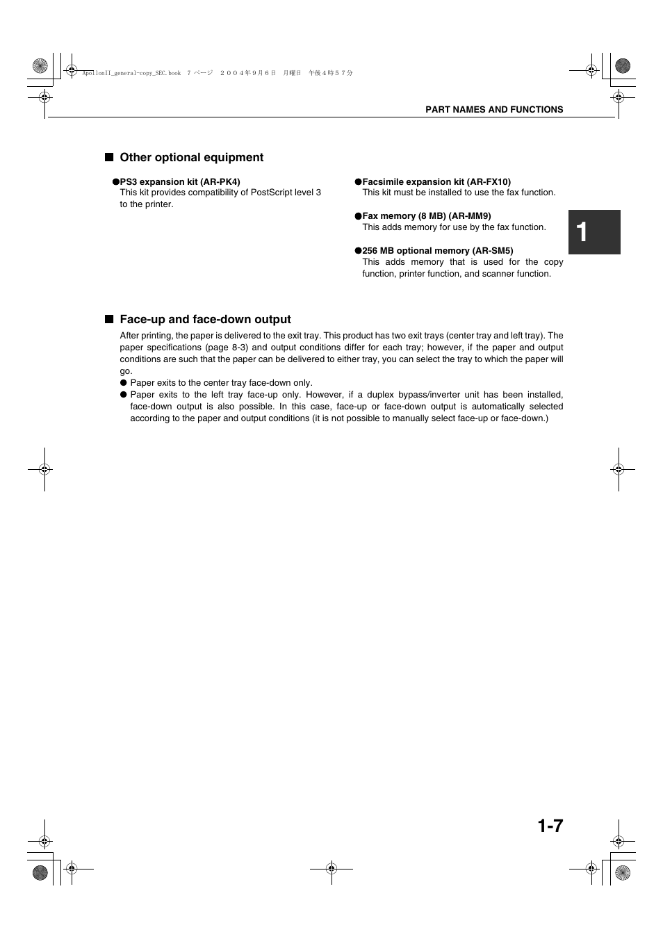 Other optional equipment, Face-up and face-down output | Sharp AR-BC260 User Manual | Page 17 / 140