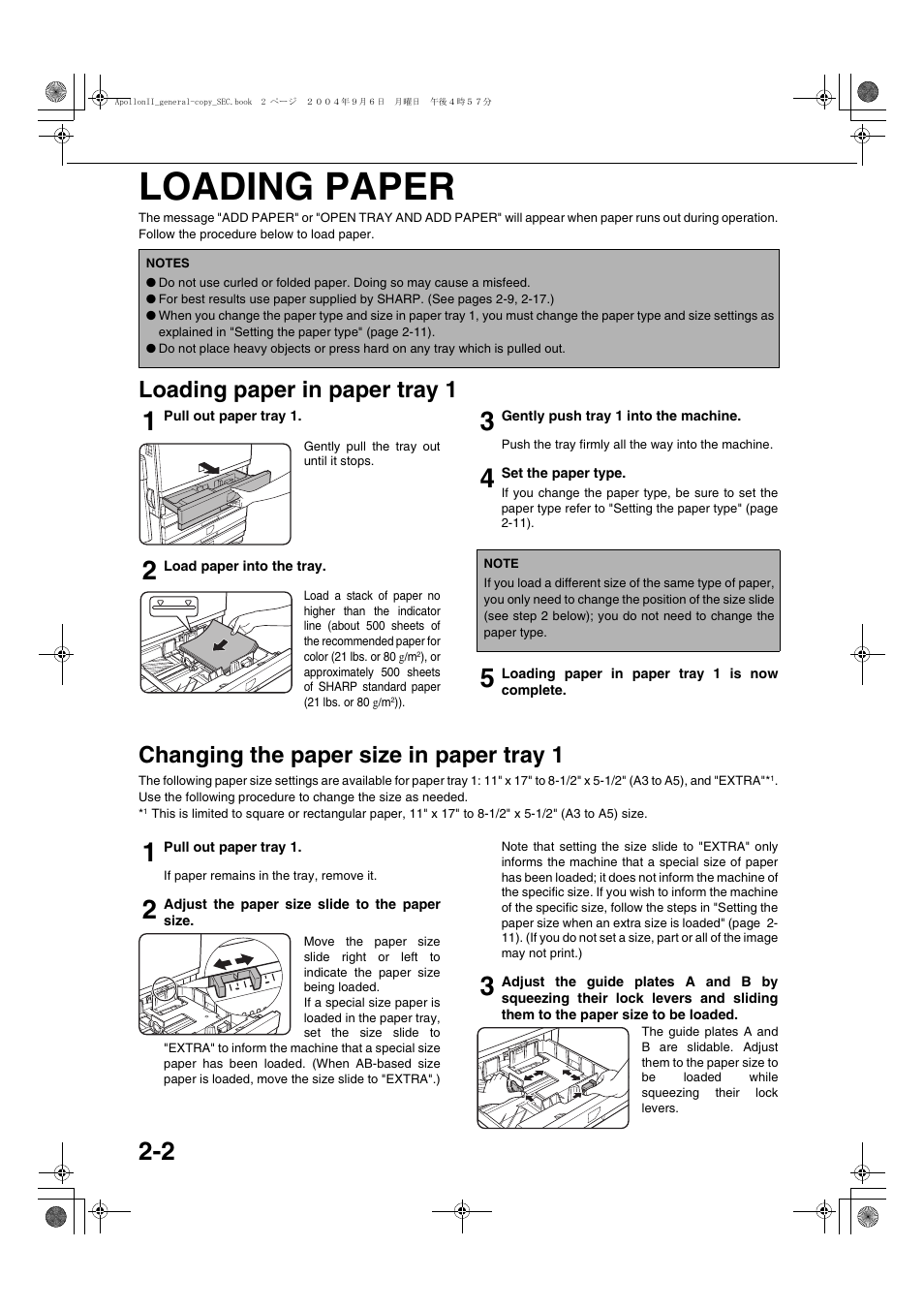 Loading paper, Loading paper in paper tray 1, Changing the paper size in paper tray 1 | Loading paper -2, Loading paper in paper tray 1 -2, Changing the paper size in paper tray 1 -2 | Sharp AR-BC260 User Manual | Page 24 / 140