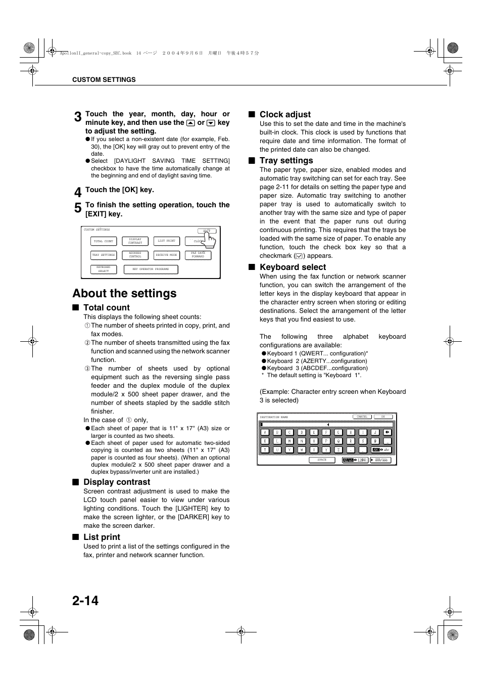 About the settings, Total count, Display contrast | List print, Clock adjust, Tray settings, Keyboard select, About the settings -14 | Sharp AR-BC260 User Manual | Page 36 / 140