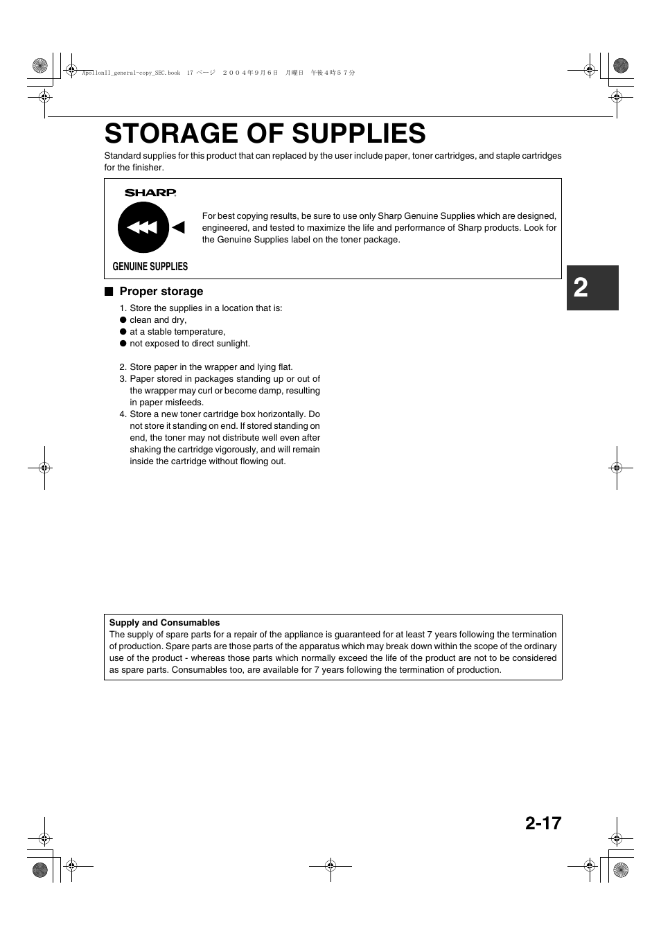 Storage of supplies, Proper storage, Storage of supplies -17 | Ge 2-17, 2storage of supplies | Sharp AR-BC260 User Manual | Page 39 / 140