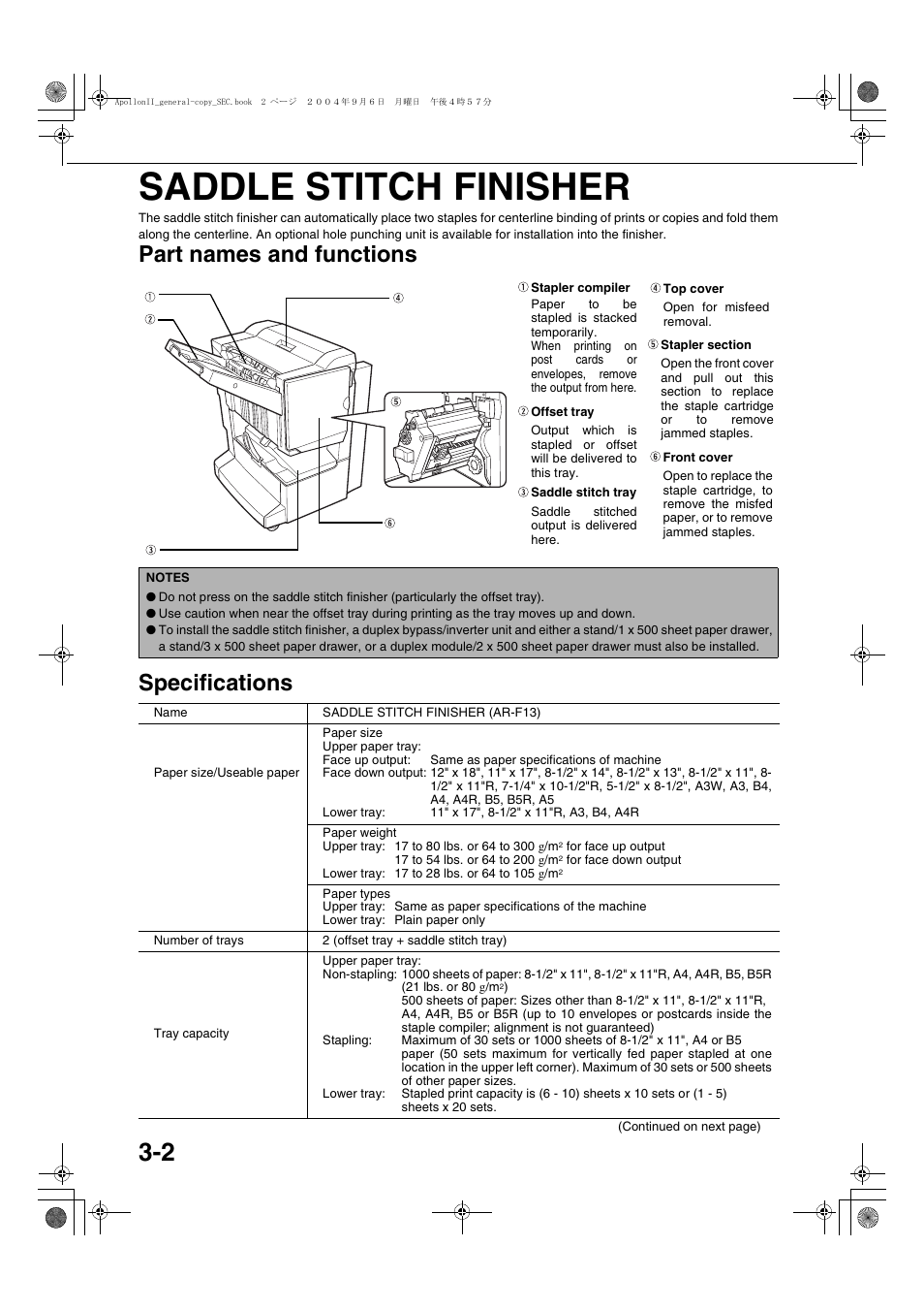 Saddle stitch finisher, Part names and functions, Specifications | Saddle stitch finisher -2, Part names and functions -2, Specifications -2, Part names and functions specifications | Sharp AR-BC260 User Manual | Page 50 / 140