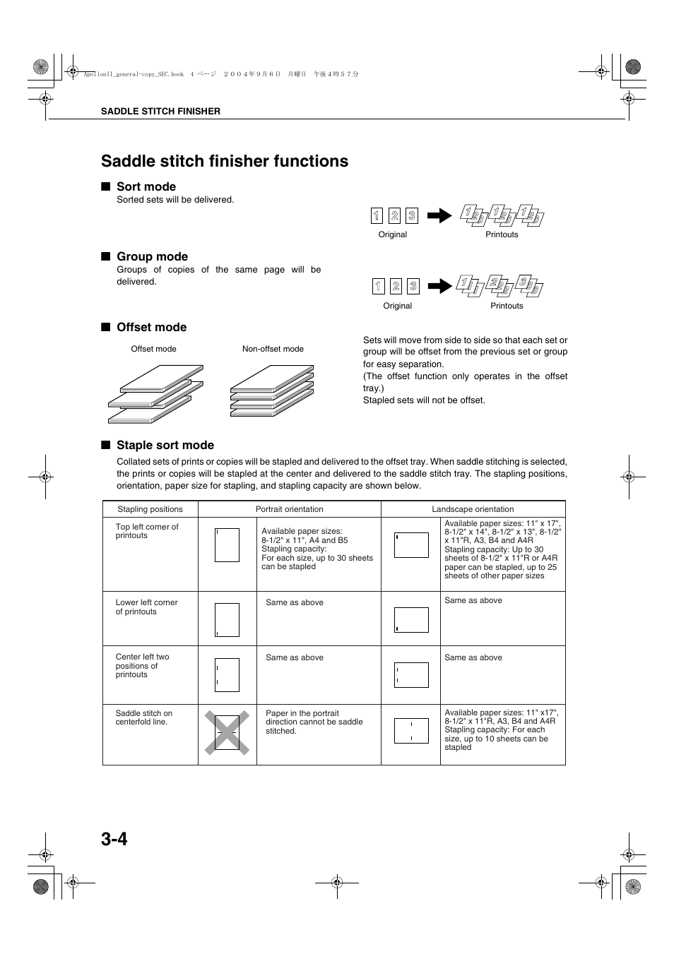 Saddle stitch finisher functions, Sort mode, Group mode | Offset mode, Staple sort mode, Saddle stitch finisher functions -4 | Sharp AR-BC260 User Manual | Page 52 / 140