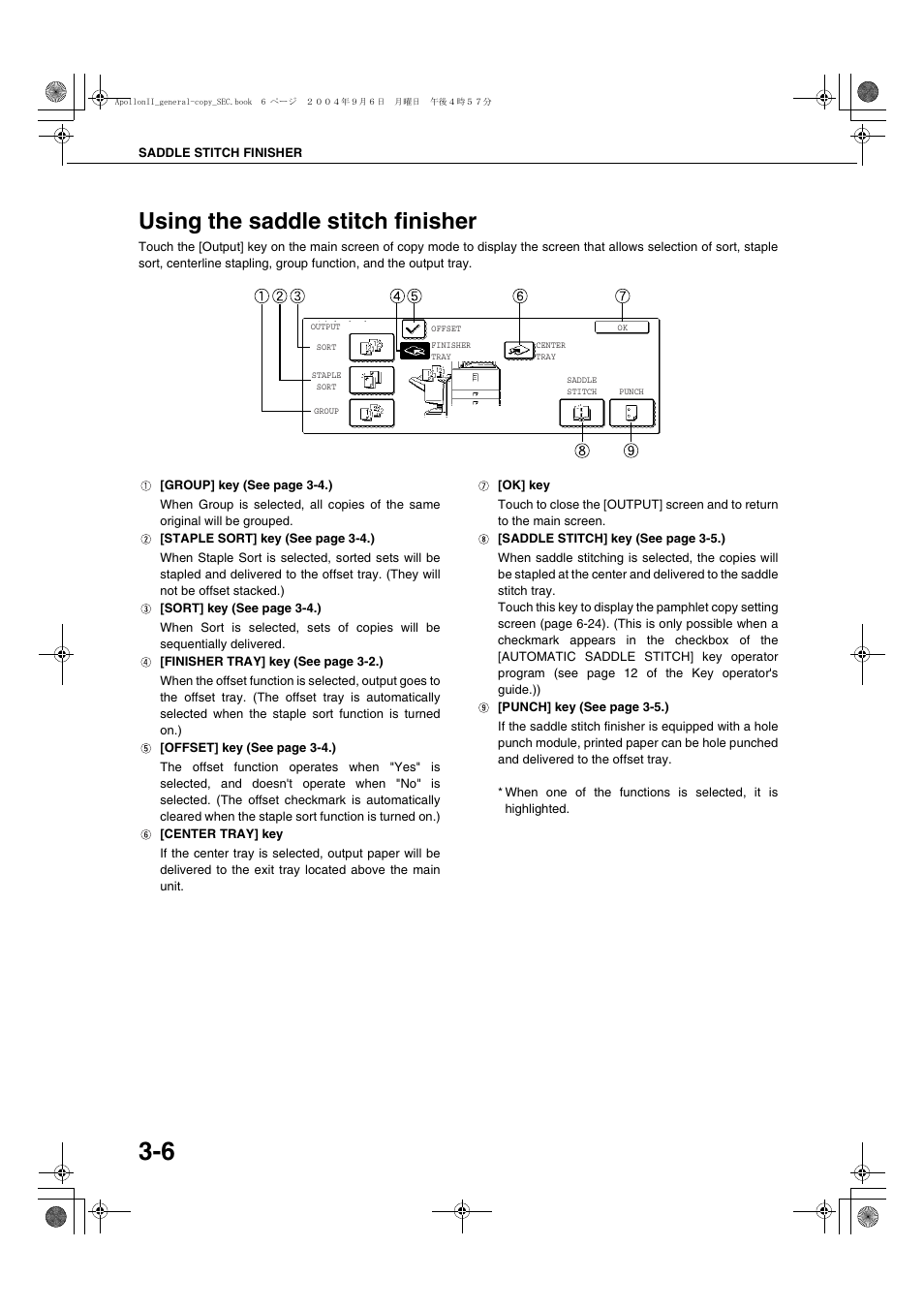 Using the saddle stitch finisher, Using the saddle stitch finisher -6 | Sharp AR-BC260 User Manual | Page 54 / 140