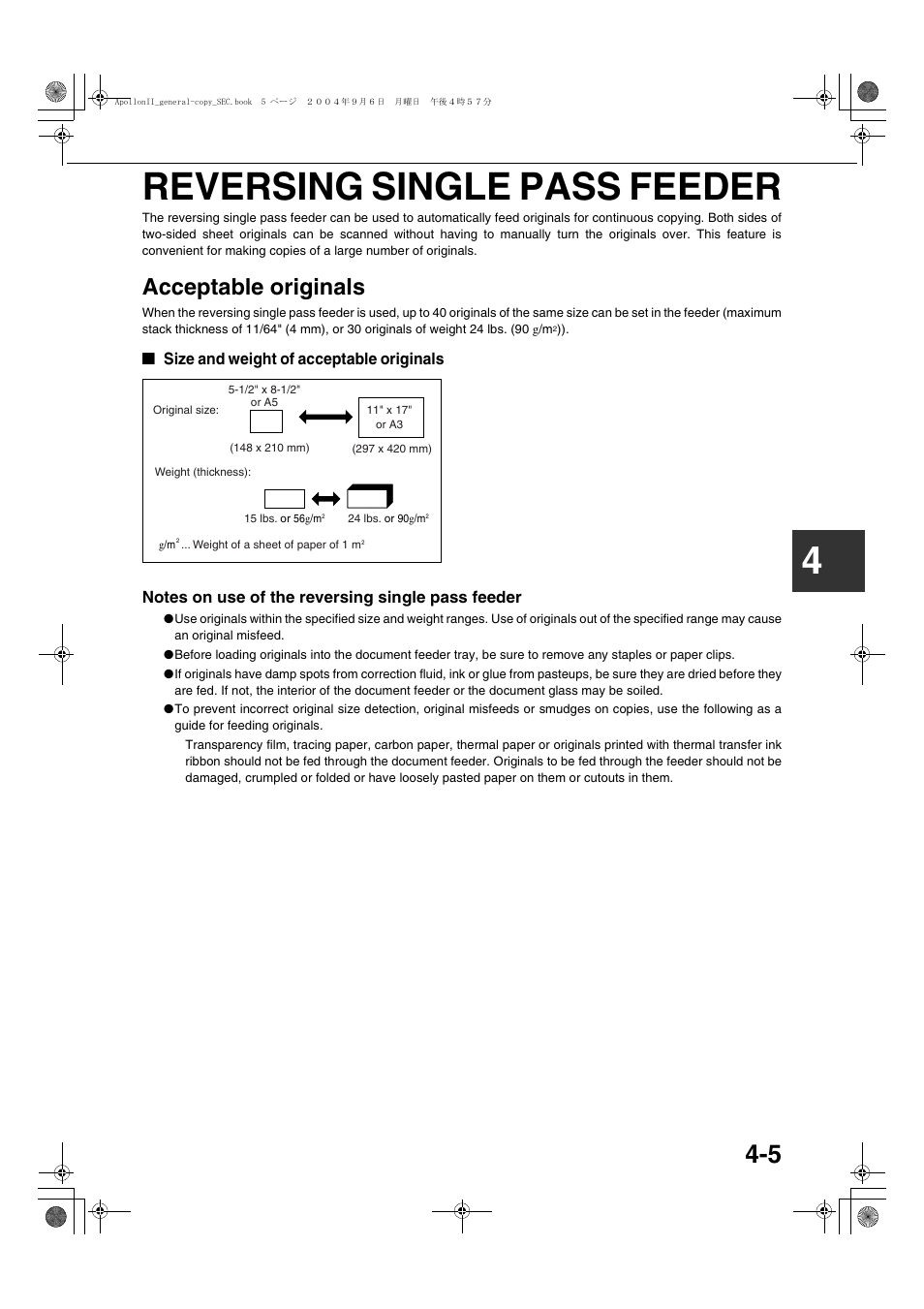 Reversing single pass feeder, Acceptable originals, Size and weight of acceptable originals | Notes on use of the reversing single pass feeder, Reversing single pass feeder -5, Acceptable originals -5, 4reversing single pass feeder | Sharp AR-BC260 User Manual | Page 73 / 140