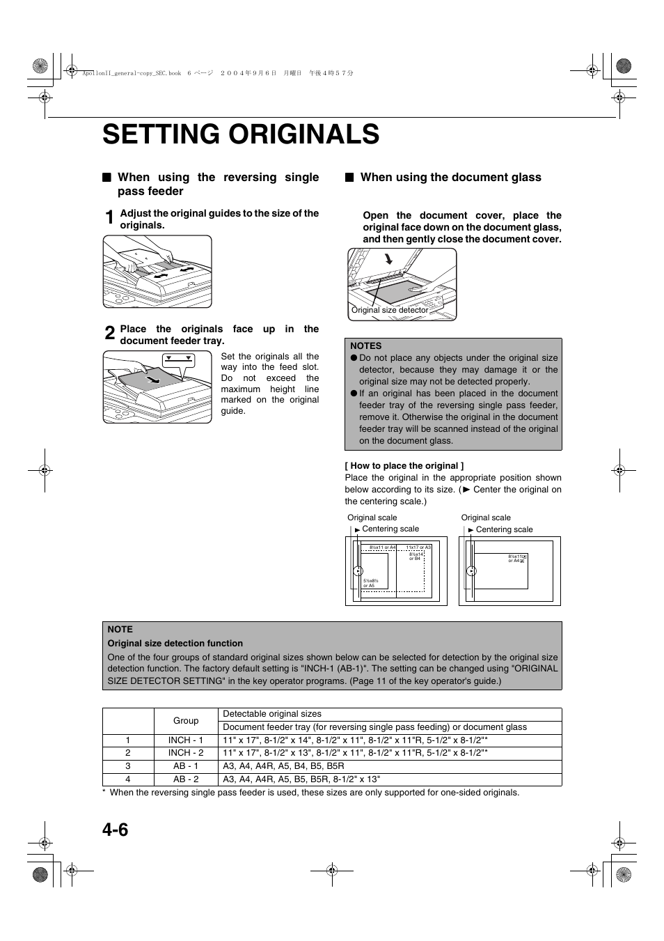 Setting originals, When using the reversing single pass feeder, When using the document glass | Setting originals -6, E 4-6) | Sharp AR-BC260 User Manual | Page 74 / 140