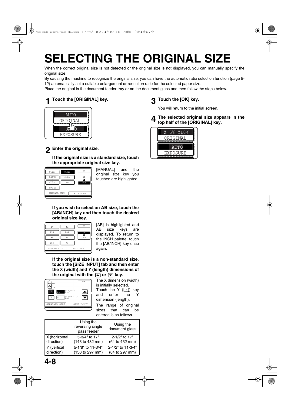 Selecting the original size, Selecting the original size -8, Auto | Auto original exposure, Auto original exposure x 5 y10, Touch the [original] key, Touch the [ok] key | Sharp AR-BC260 User Manual | Page 76 / 140