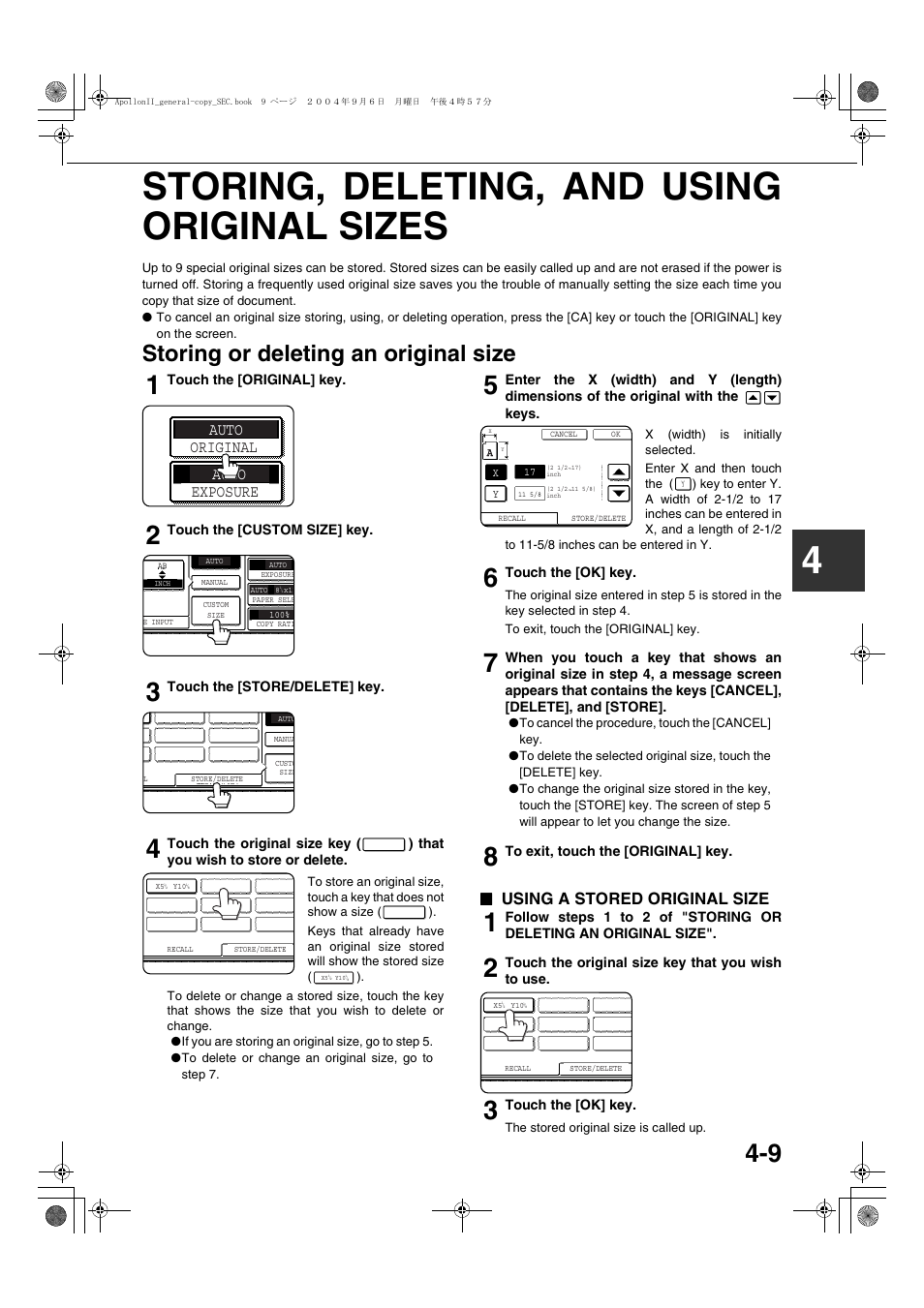 Storing, deleting, and using original sizes, Storing or deleting an original size, Using a stored original size | 4storing, deleting, and using original sizes, Auto, Auto original exposure | Sharp AR-BC260 User Manual | Page 77 / 140