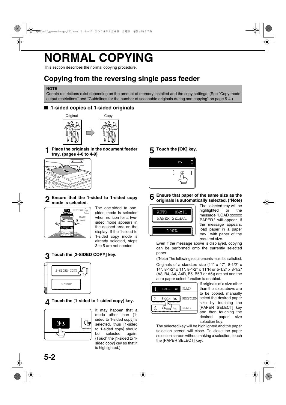 Normal copying, Copying from the reversing single pass feeder, Sided copies of 1-sided originals | Normal copying -2 | Sharp AR-BC260 User Manual | Page 80 / 140