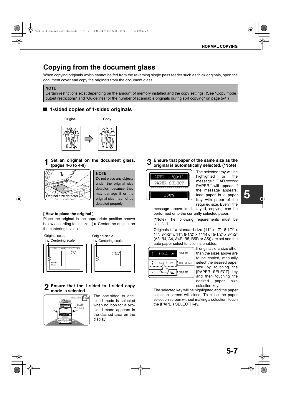 Copying from the document glass, Sided copies of 1-sided originals, Copying from the document glass -7 | Sharp AR-BC260 User Manual | Page 85 / 140